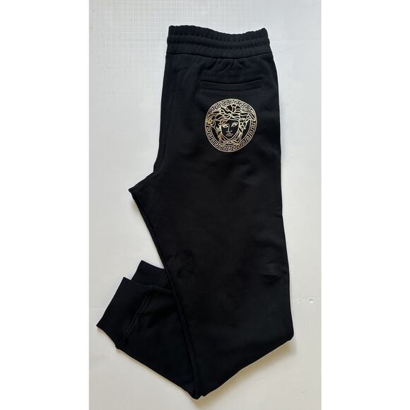 Versace Gold Medusa Printed Black Cotton Activewear Pants XS A89515S NWT $700 - Picture 1 of 11